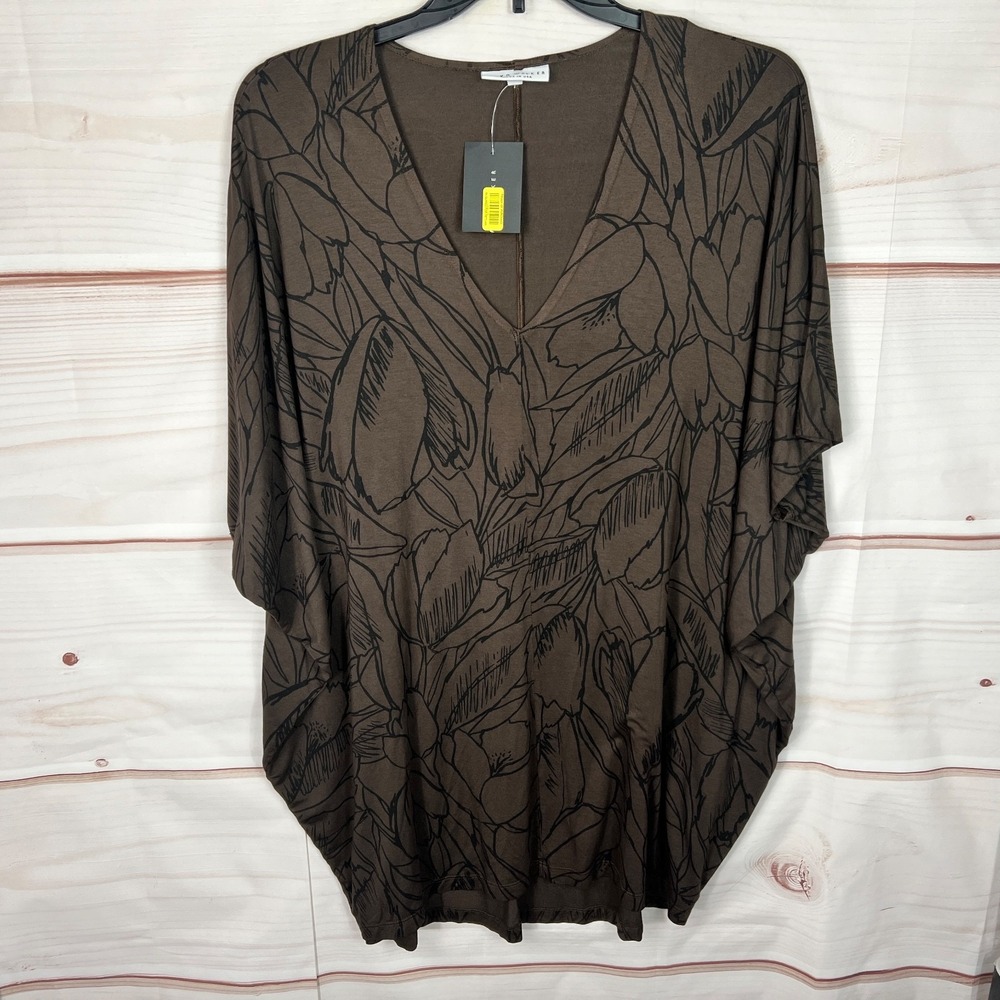 Bryn Walker Top Womens S Brown Floral Tunic Blouse V-Neck Dolman Sleeve Knit